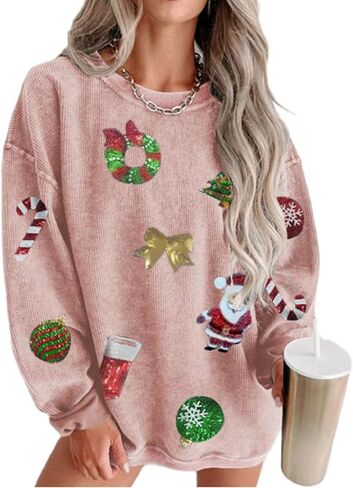 Aonoapll Women Sequin Christmas Sweatshirt Sparkly Santa Xmas Tree Shirt Long Sleeve Crew Neck Oversized Pullover Top in Saudi Arabia