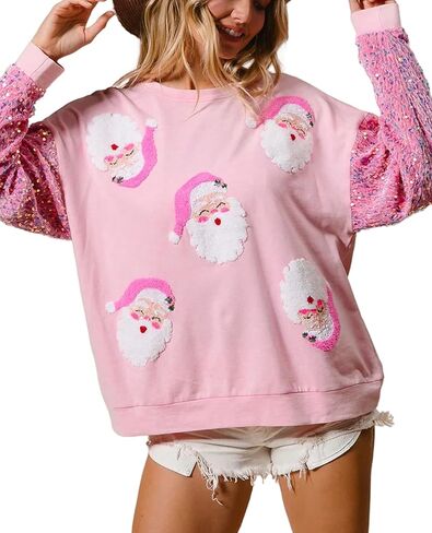 Aonoapll Women Sequin Christmas Sweatshirt Sparkly Santa Xmas Tree Shirt Long Sleeve Crew Neck Oversized Pullover Top in Saudi Arabia