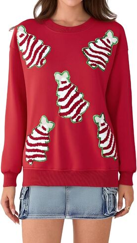 Aonoapll Women Sequin Christmas Sweatshirt Sparkly Santa Xmas Tree Shirt Long Sleeve Crew Neck Oversized Pullover Top in Saudi Arabia