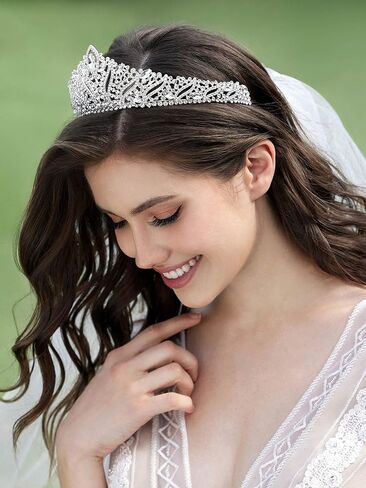 SWEETV Anastasia التيجان والتيجان للنساء، تاج الزفاف للعروس، تاج الملكة من حجر الراين، أغطية رأس الأميرة الكريستال الفضية لحفلة موسيقية in Saudi Arabia