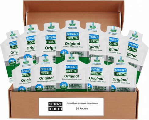 SmartMouth Original Zinc Activated Mouthwash Single Packs - Disposable Mouthwash Packets for Long-Lasting Fresh Breath - Eliminates Bad Breath & Odors - Alcohol & Fluoride-Free - Fresh Mint - 50 Count in Kuwait