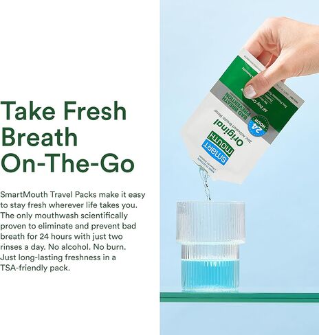 SmartMouth Original Zinc Activated Mouthwash Single Packs - Disposable Mouthwash Packets for Long-Lasting Fresh Breath - Eliminates Bad Breath & Odors - Alcohol & Fluoride-Free - Fresh Mint - 50 Count in Kuwait