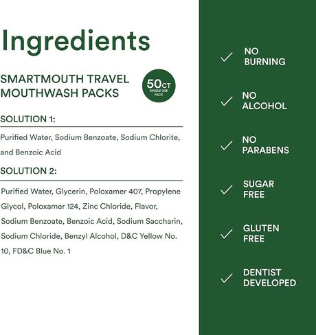 SmartMouth Original Zinc Activated Mouthwash Single Packs - Disposable Mouthwash Packets for Long-Lasting Fresh Breath - Eliminates Bad Breath & Odors - Alcohol & Fluoride-Free - Fresh Mint - 50 Count in Kuwait