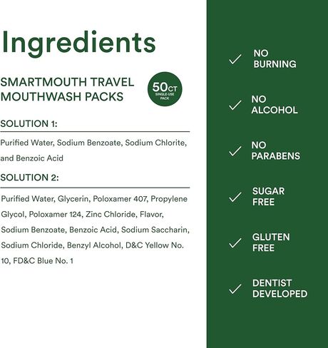 SmartMouth Original Zinc Activated Mouthwash Single Packs - Disposable Mouthwash Packets for Long-Lasting Fresh Breath - Eliminates Bad Breath & Odors - Alcohol & Fluoride-Free - Fresh Mint - 50 Count in Kuwait