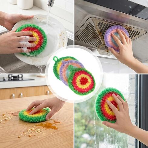 5 Pcs Reusable Dish Cloths 6.3" Dishwashing Towels Set Dish Sponge Cleaning Scrubber Cloth Round Non Scratch Kitchen Cleaning Cloths Hangable Housework Scouring Pad in Kuwait