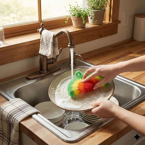 5 Pcs Reusable Dish Cloths 6.3" Dishwashing Towels Set Dish Sponge Cleaning Scrubber Cloth Round Non Scratch Kitchen Cleaning Cloths Hangable Housework Scouring Pad in Kuwait