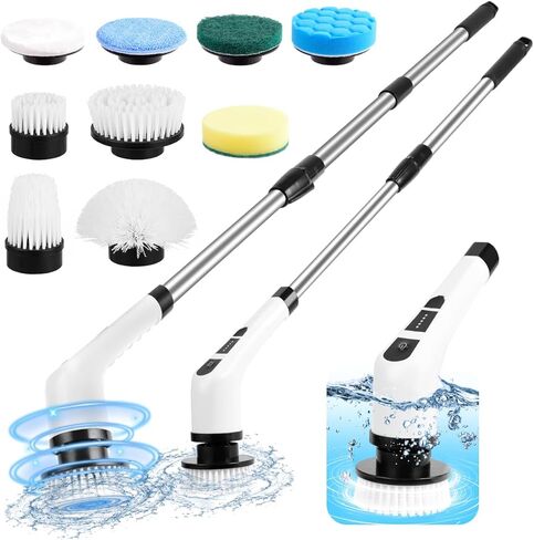 WDFAACK Electric Spin Scrubber,Cordless Spin Scrubber for Cleaning with 8 Replaceable Brush Heads,Shower Scrubber with Adjustable Detachable Handle for Bathroom,Kitchen in Kuwait