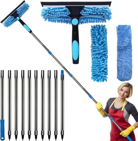 20+ Feet Reach Blue 2 in 1 Window Washing Squeegee & Duster with 3-14 ft Spliceable Extension Pole // Window Cleaning Tool & Window Washer Squeegee for Home Indoor Outdoor Window Washing in Kuwait