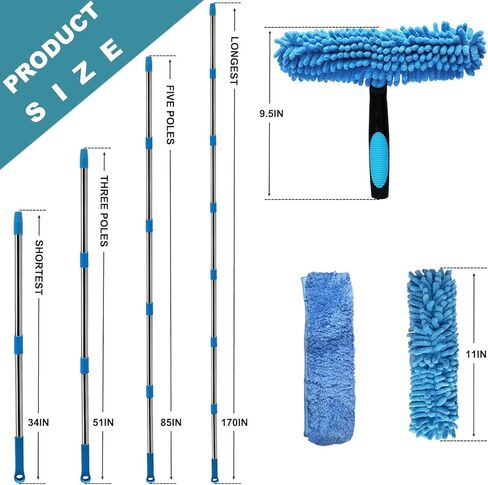20+ Feet Reach Blue 2 in 1 Window Washing Squeegee & Duster with 3-14 ft Spliceable Extension Pole // Window Cleaning Tool & Window Washer Squeegee for Home Indoor Outdoor Window Washing in Kuwait