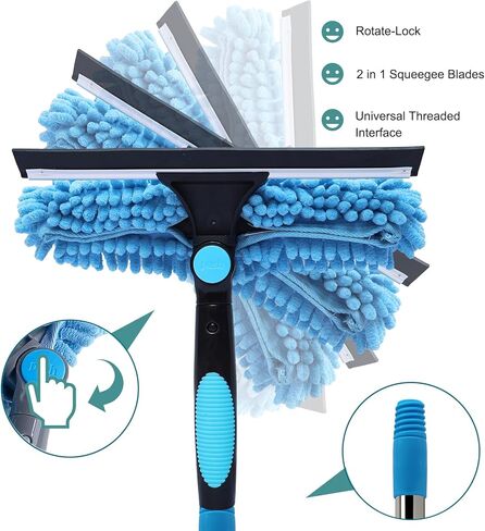 20+ Feet Reach Blue 2 in 1 Window Washing Squeegee & Duster with 3-14 ft Spliceable Extension Pole // Window Cleaning Tool & Window Washer Squeegee for Home Indoor Outdoor Window Washing in Kuwait