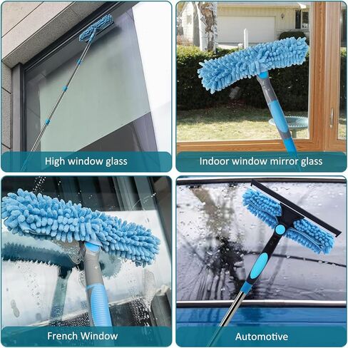 20+ Feet Reach Blue 2 in 1 Window Washing Squeegee & Duster with 3-14 ft Spliceable Extension Pole // Window Cleaning Tool & Window Washer Squeegee for Home Indoor Outdoor Window Washing in Kuwait
