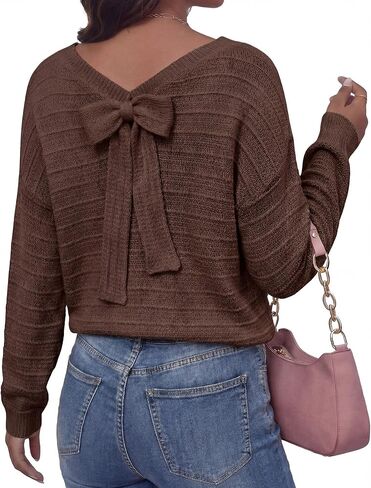 Cuffbow Women Back Bow Knot Sweater Long Sleeve Round Neck Bow Tie Knit Pullover Top Spring Cute Trendy Going out Tops in Kuwait