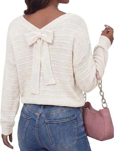 Cuffbow Women Back Bow Knot Sweater Long Sleeve Round Neck Bow Tie Knit Pullover Top Spring Cute Trendy Going out Tops in Saudi Arabia