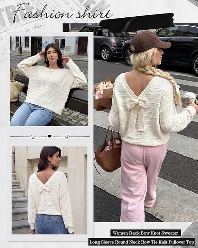 Cuffbow Women Back Bow Knot Sweater Long Sleeve Round Neck Bow Tie Knit Pullover Top Spring Cute Trendy Going out Tops in Saudi Arabia