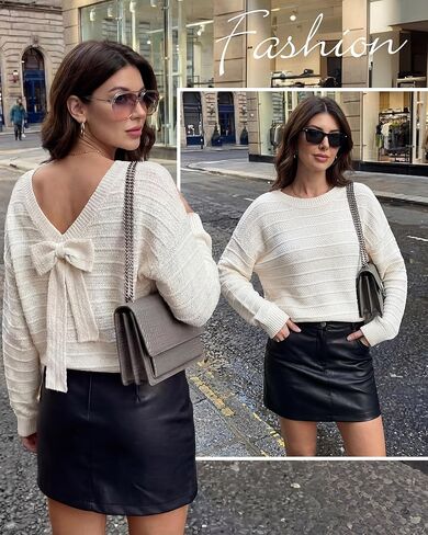 Cuffbow Women Back Bow Knot Sweater Long Sleeve Round Neck Bow Tie Knit Pullover Top Spring Cute Trendy Going out Tops in Saudi Arabia