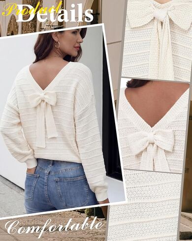 Cuffbow Women Back Bow Knot Sweater Long Sleeve Round Neck Bow Tie Knit Pullover Top Spring Cute Trendy Going out Tops in Saudi Arabia