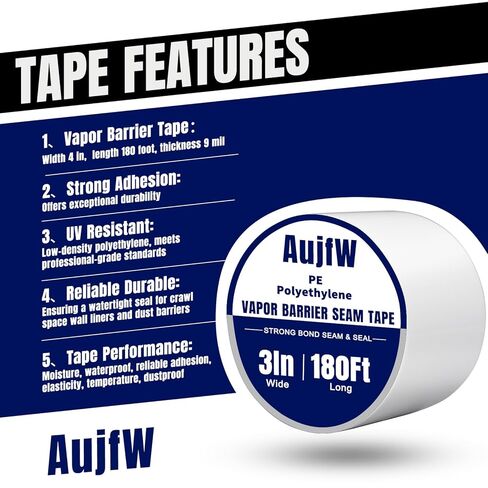 Vapor Barrier Tape, 3" Wide x 180' Long, 6 Roll, Polyethylene Tape, for Moisture Barriers and Crawl Spaces, Waterproof Seal and Seam Tape for Underlayment, Insulation and Plastic Liners in Saudi Arabia