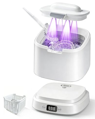 Ultrasonic Retainer Cleaner, UV Dental Cleaning Pod，45kHz Dental Cleaner for Denture, Aligner, Night Guard，Jewelry|5 Modes, Low Noise, Compact Design，Large capacity 320ml (Black) in Kuwait