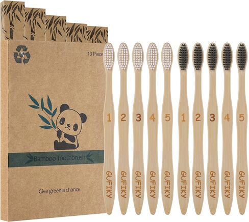 Gufiky Bamboo Toothbrushes - 10 Pack, Soft Castor Oil Bristles Natural Toothbrush, Biodegradable, Non-Toxic Eco-Friendly Wooden Toothbrush for Adults, Plastic-Free Toothbrush & Packaging in Kuwait