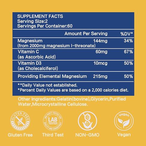Magnesium L-Threonate Supplement 2000mg,Liposomal Magnesium Threonate High Absorption for Energy &Immune,Vegan, Non-GMO,120 Capsules(Pack of 1) in Kuwait