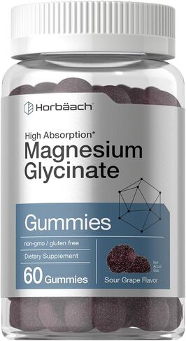 Horbäach Magnesium Glycinate Gummies | 60 Count | Sour Grape Flavor | High Absorption | Vegan, Non-GMO, Gluten Free in Kuwait
