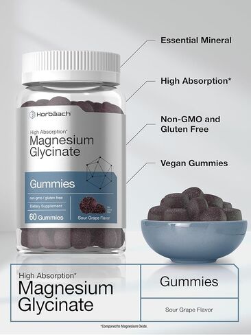 Horbäach Magnesium Glycinate Gummies | 60 Count | Sour Grape Flavor | High Absorption | Vegan, Non-GMO, Gluten Free in Kuwait