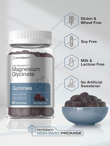 Horbäach Magnesium Glycinate Gummies | 60 Count | Sour Grape Flavor | High Absorption | Vegan, Non-GMO, Gluten Free in Kuwait