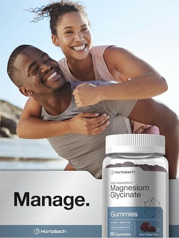 Horbäach Magnesium Glycinate Gummies | 60 Count | Sour Grape Flavor | High Absorption | Vegan, Non-GMO, Gluten Free in Kuwait