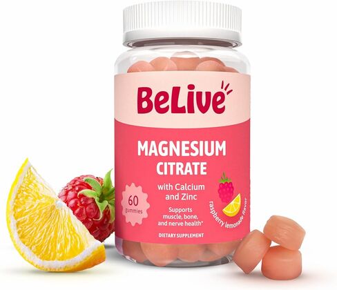 BeLive Magnesium Citrate Gummies with Calcium and Zinc for Adults and Kids - High Absorption Magnesium Supplement for Cognitive, Bone, Muscle and Nerve Health - Raspberry Lemonade - 60 Count in Saudi Arabia