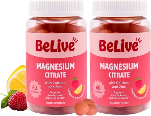 BeLive Magnesium Citrate Gummies with Calcium and Zinc for Adults and Kids - High Absorption Magnesium Supplement for Cognitive, Bone, Muscle and Nerve Health - Raspberry Lemonade - 60 Count in Kuwait