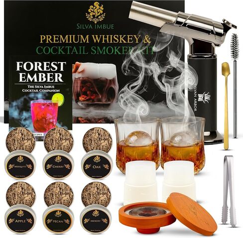 Silva Imbue Whiskey Smoker Kit with Torch – 6 Wood Chips, Oak Lid, Glasses, Ice Molds, Bar Tools & Recipe Book – Whiskey & Bourbon Cocktail Smoker Set in Kuwait