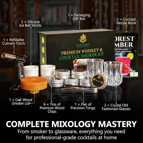 Silva Imbue Whiskey Smoker Kit with Torch – 6 Wood Chips, Oak Lid, Glasses, Ice Molds, Bar Tools & Recipe Book – Whiskey & Bourbon Cocktail Smoker Set in Kuwait