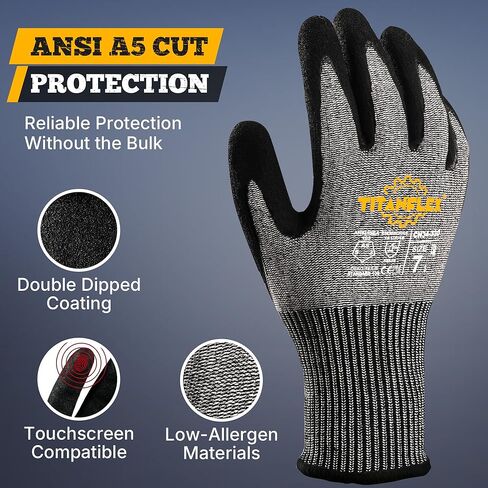 TitanFlex Cut Resistant Gloves ANSI A5, Work Gloves with Sandy Nitrile Grip,Black in Kuwait