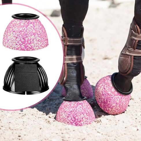 1 Pair Pink Sparkle Women's Horse Bell Boots Rubber Equine Bell Boots Protect Against Hoof Frictionless Design for Female Equine Hoof Care Quick Wrap Shield Horse Racing Festival in Kuwait