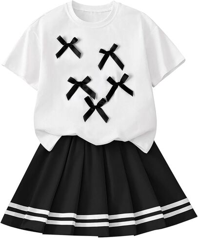 Girls 2 Piece Summer Outfits Cute Graphic Short Sleeve Tops and Pleated Skirt Set in Saudi Arabia