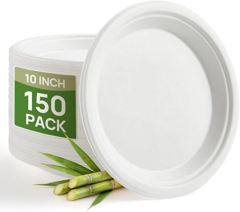 Goodluck 10 Inch White Compostable Paper Plates 100 Pack, 100% FSC Certified Heavy Duty Bagasse Plates, Eco Friendly Disposable Sugarcane Plates for Party, Wedding, BBQ, Catering & Everyday Use in Kuwait
