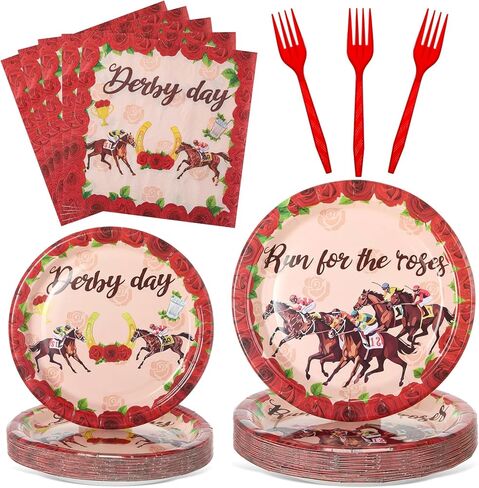 100 Pcs Derby Party Supplies, Horse Racing Tableware Set with Plates Napkins and Cutlery, 2026 Run for The Roses Theme Party Decorations (Red) in Kuwait