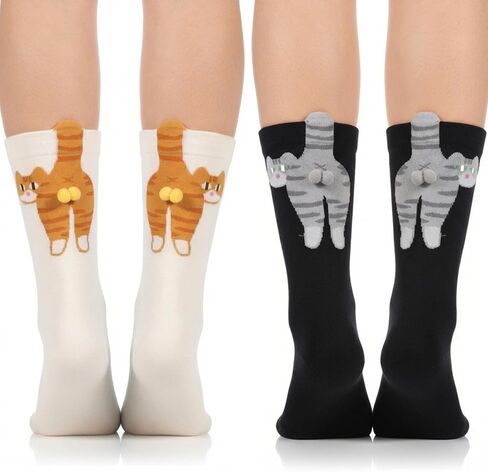 2 Pairs Cute Cat Socks with Balls, Novelty Funny Animal Crew Cats Sock Personalized Fun Hilarious Cotton Cat Socks for Women Men Cats Lovers Gift in Saudi Arabia