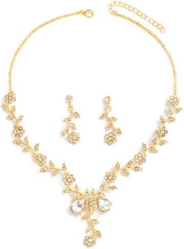 Bridal Wedding Jewelry Set Red Green Blue Rhinestone Necklace Earrings Teardrop Cluster Pendant Necklace Crystal Jewelry Accessories for Women in Saudi Arabia