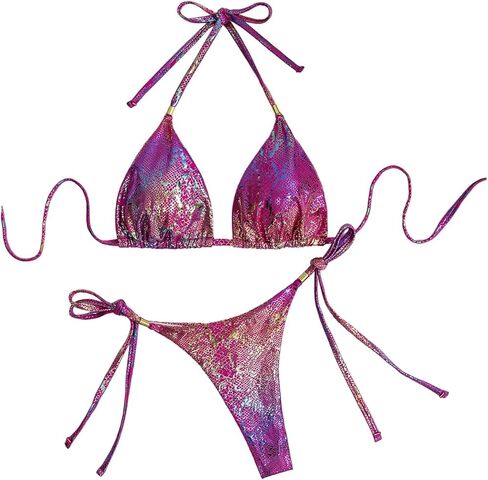 طقم بكيني نسائي مكون من قطعتين من Floerns ملابس سباحة بحمالة مثلثة معدنية وربطة جانبية وخيط استحمام in Kuwait