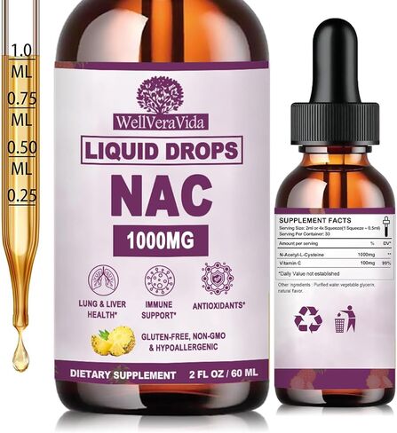 مكمل NAC N-Acetyl Cysteine ​​1000mg، قطرات Liposomal Nac مع. فيتامين C لمضادات الأكسدة، وإزالة سموم الكبد والكلى*، ويدعم صحة الجهاز التنفسي والمناعة، سريع الامتصاص من علكات البودرة، خالي من منتجات الألبان والصويا in Kuwait