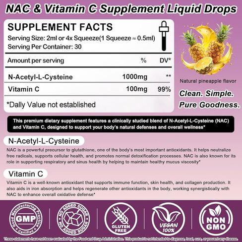 مكمل NAC N-Acetyl Cysteine ​​1000mg، قطرات Liposomal Nac مع. فيتامين C لمضادات الأكسدة، وإزالة سموم الكبد والكلى*، ويدعم صحة الجهاز التنفسي والمناعة، سريع الامتصاص من علكات البودرة، خالي من منتجات الألبان والصويا in Kuwait