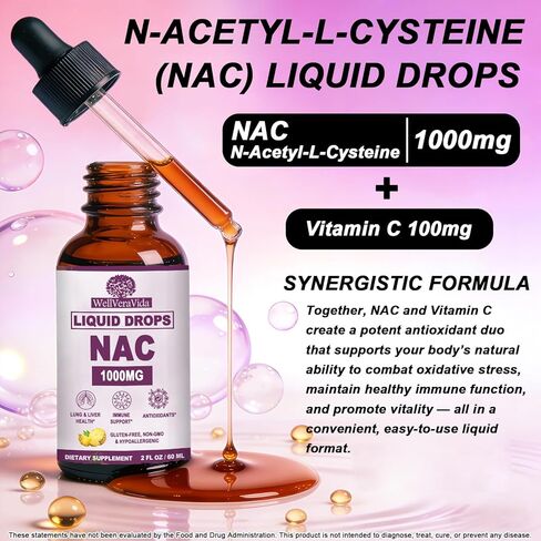 مكمل NAC N-Acetyl Cysteine ​​1000mg، قطرات Liposomal Nac مع. فيتامين C لمضادات الأكسدة، وإزالة سموم الكبد والكلى*، ويدعم صحة الجهاز التنفسي والمناعة، سريع الامتصاص من علكات البودرة، خالي من منتجات الألبان والصويا in Kuwait