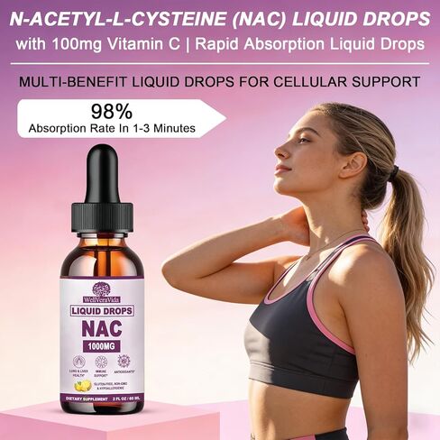 مكمل NAC N-Acetyl Cysteine ​​1000mg، قطرات Liposomal Nac مع. فيتامين C لمضادات الأكسدة، وإزالة سموم الكبد والكلى*، ويدعم صحة الجهاز التنفسي والمناعة، سريع الامتصاص من علكات البودرة، خالي من منتجات الألبان والصويا in Kuwait