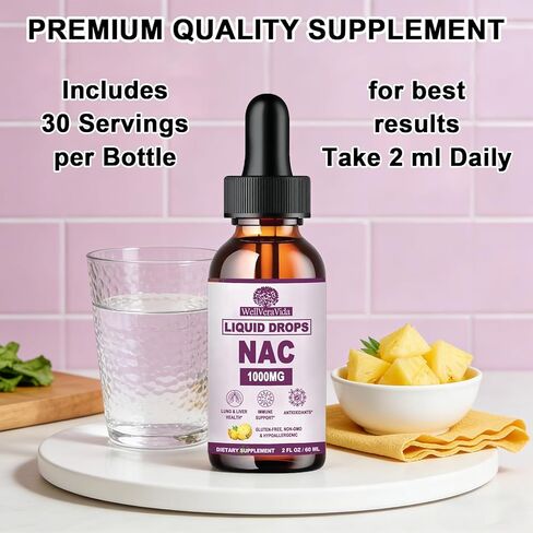 مكمل NAC N-Acetyl Cysteine ​​1000mg، قطرات Liposomal Nac مع. فيتامين C لمضادات الأكسدة، وإزالة سموم الكبد والكلى*، ويدعم صحة الجهاز التنفسي والمناعة، سريع الامتصاص من علكات البودرة، خالي من منتجات الألبان والصويا in Kuwait