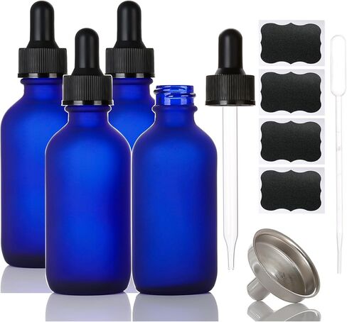 2 oz Frosted Blue Glass Dropper Bottles,4 Pack 60ml Empty Reusable Leak Proof Thick Tincture Bottles for Essential Oils,Hair Oil,Liquids,Laboratory,Pharmacist Bottle,Perfumery Aromatherapy in Kuwait