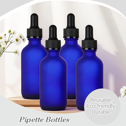 2 oz Frosted Blue Glass Dropper Bottles,4 Pack 60ml Empty Reusable Leak Proof Thick Tincture Bottles for Essential Oils,Hair Oil,Liquids,Laboratory,Pharmacist Bottle,Perfumery Aromatherapy in Kuwait