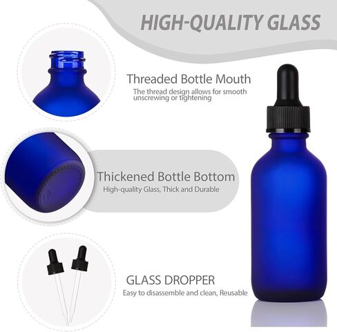 2 oz Frosted Blue Glass Dropper Bottles,4 Pack 60ml Empty Reusable Leak Proof Thick Tincture Bottles for Essential Oils,Hair Oil,Liquids,Laboratory,Pharmacist Bottle,Perfumery Aromatherapy in Kuwait