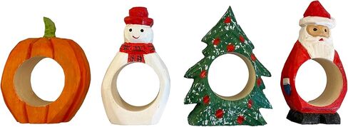 Set of 4 Hand-Carved Wooden Holiday Napkin Rings, Christmas Tree, Santa, Pumpkin & Snowman Designs, Festive Table Decor in Kuwait
