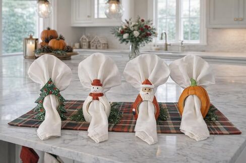 Set of 4 Hand-Carved Wooden Holiday Napkin Rings, Christmas Tree, Santa, Pumpkin & Snowman Designs, Festive Table Decor in Kuwait